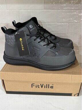 FitVille Men's High-top Steel Core Work Boots V2 Steel Grey Size 11.5 EW